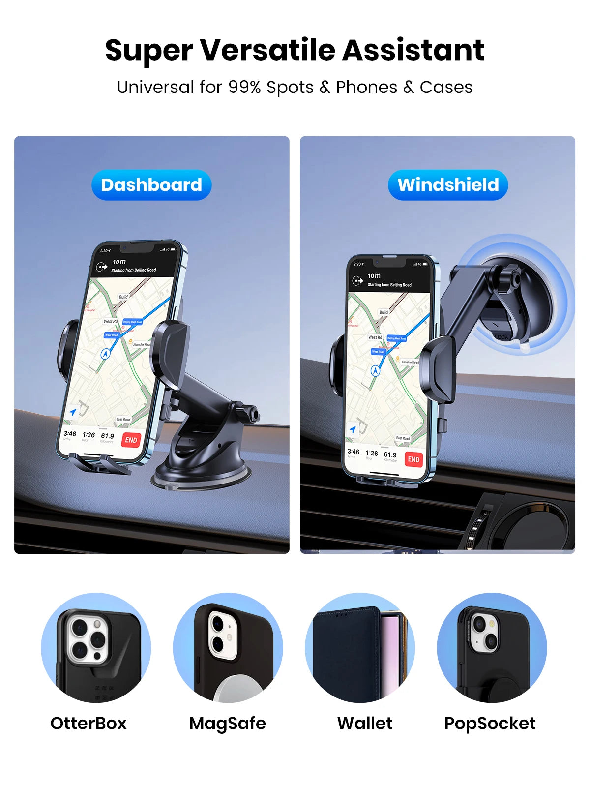 TOPK Car Phone Holder 4 in 1 Super Stable Car Phone Mount for Car Dashboard/Windscreen/Air Vent Compatible with All Mobile Phone