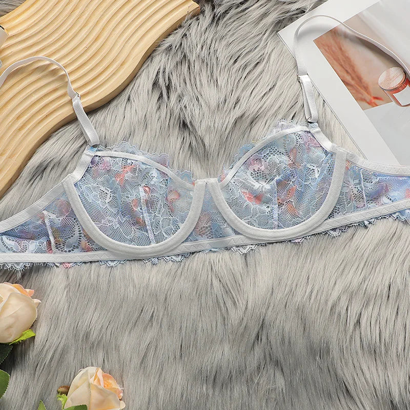 FZCSPEED Women's Sexy Bra Set Butterfly Embroidered Lace Bra Set Underwired Bra Thin Bra Set Blue Gathered Chest Bra