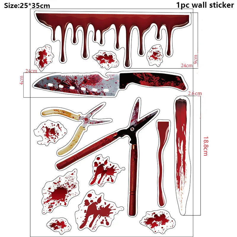 Halloween Warning Tape Wall Door Window Blood Handprint Footprint Stickers Halloween Theme Party Horror Scene Decor Supplies