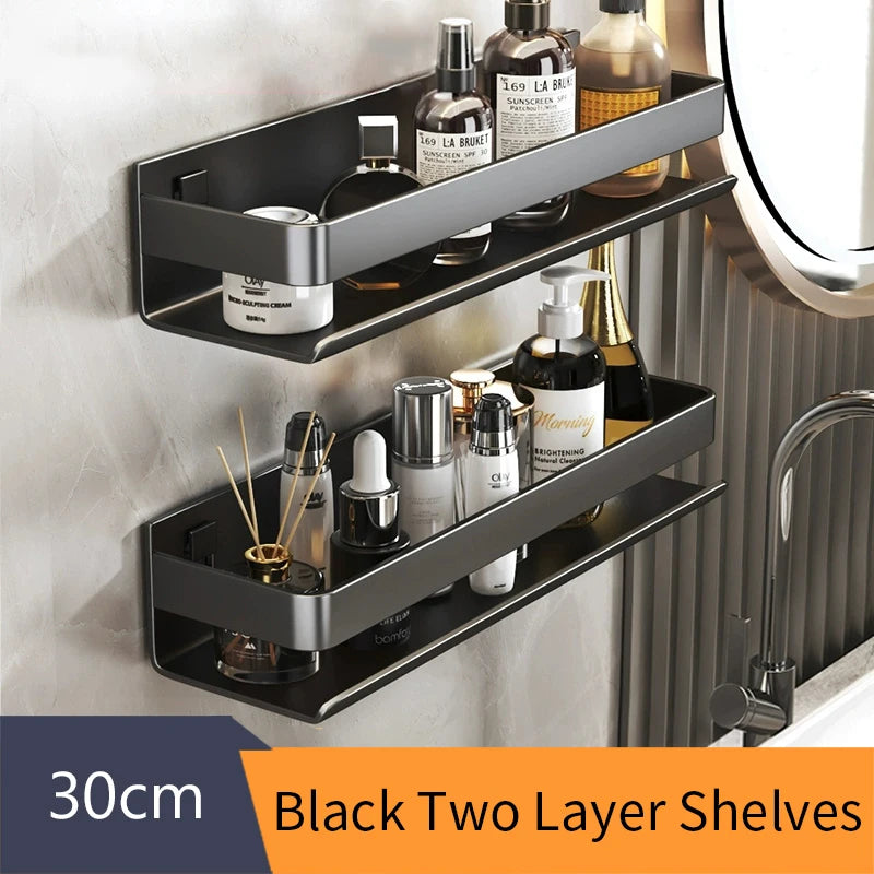 Black Bathroom Shelf White Rectangle Makeup Organizer Mental Corner Shelf Shampoo Storage Shelf Shower Wall Rack