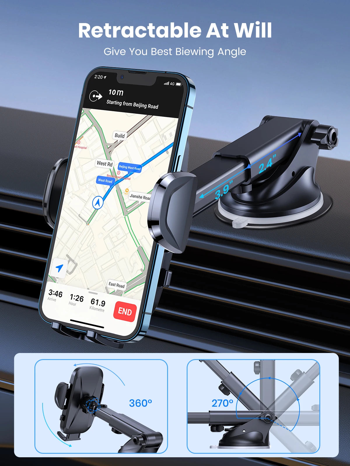 TOPK Car Phone Holder 4 in 1 Super Stable Car Phone Mount for Car Dashboard/Windscreen/Air Vent Compatible with All Mobile Phone