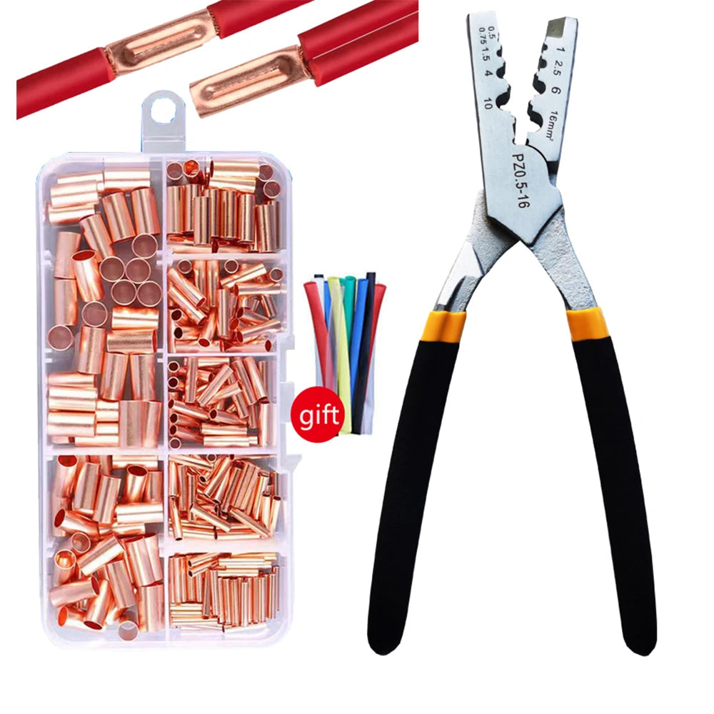 250pcs GT Copper Connecting Pipe Wire Joint Small Copper Bootlace Ferrule Kit with Crimping Pliers