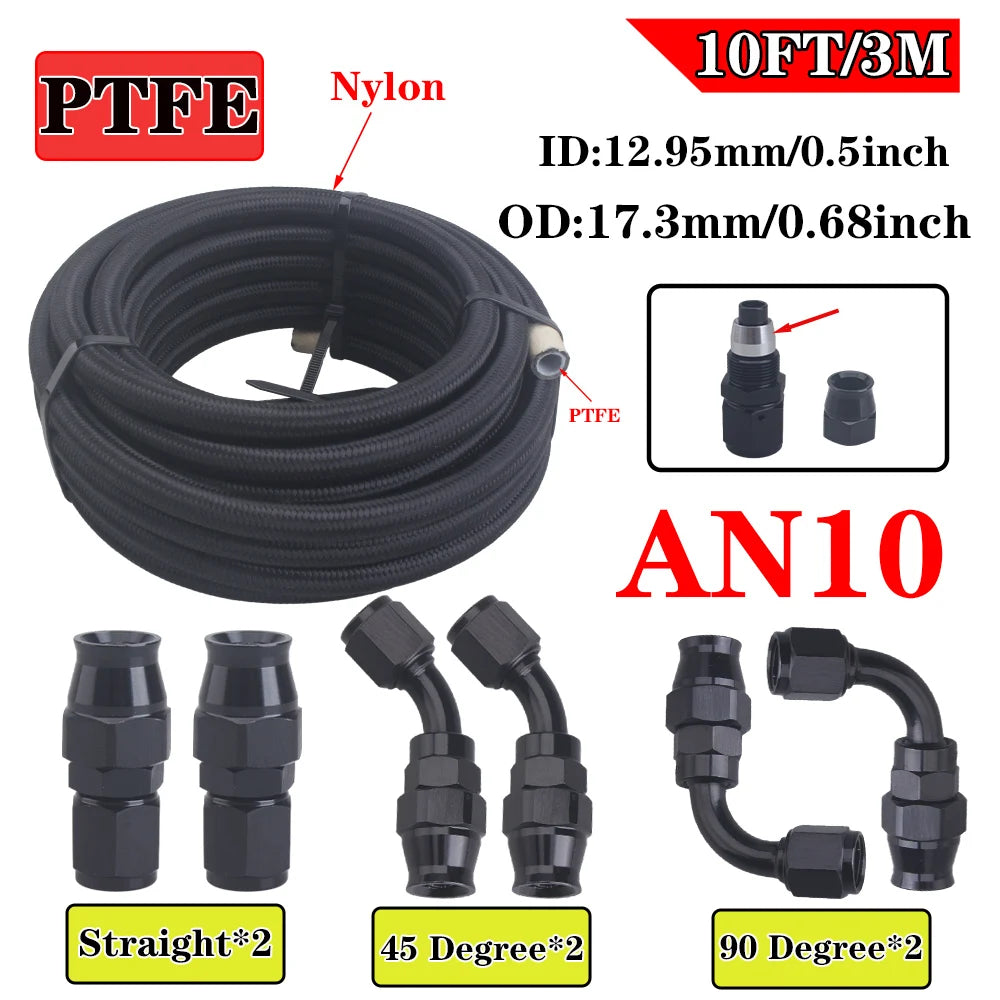 AN4 AN6 AN8 AN10 3m/10ft E85 Tube Nylon Stainless Steel Braided PTFE Black Fuel Line Fitting Kit with 6 pcs Swivel Hose Ends