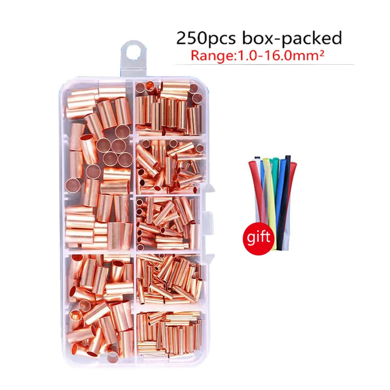 250pcs GT Copper Connecting Pipe Wire Joint Small Copper Bootlace Ferrule Kit with Crimping Pliers