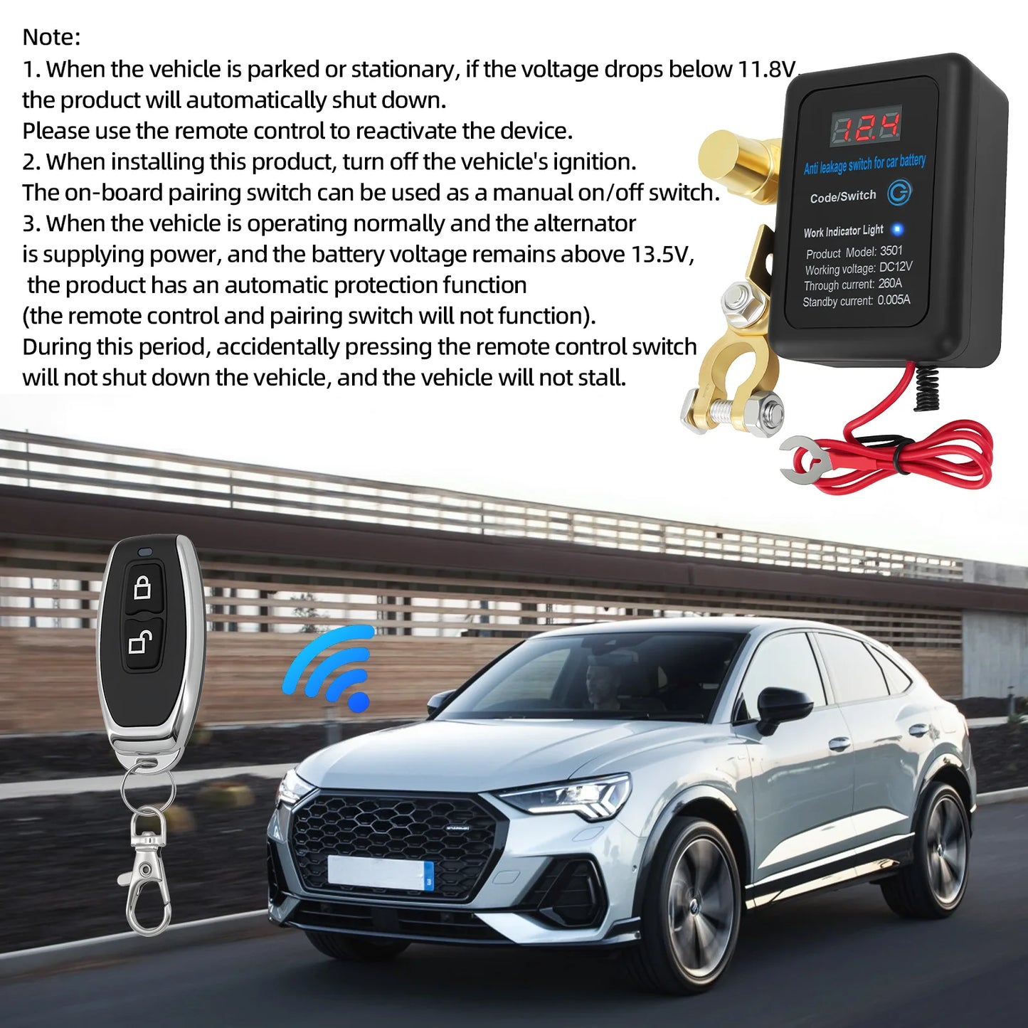 DC 12V Battery Disconnect Switch with LED Car Automatic Power Shut Off Switch 260A Battery Kill Switch Remote Battery Disconnect