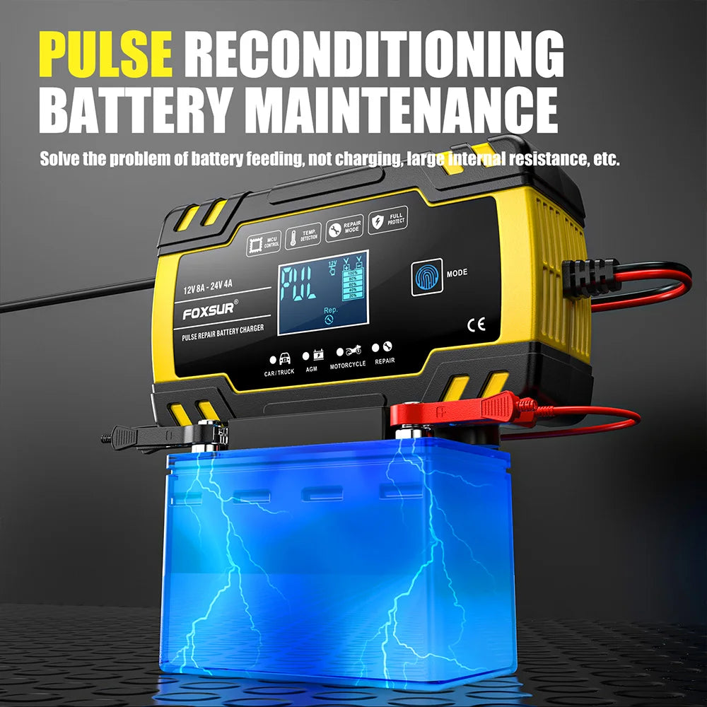 12V 8A/24V 4A Car Battery Charger Automatic Start Fast Charger Use For Car Motorcycle Truck AGM Deepcycle GEL Lead-Acid Battery