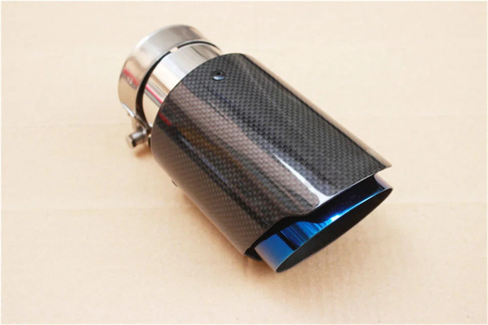QT Glossy Carbon Fibre Exhaust Tip Universal Straight Stainless Blue