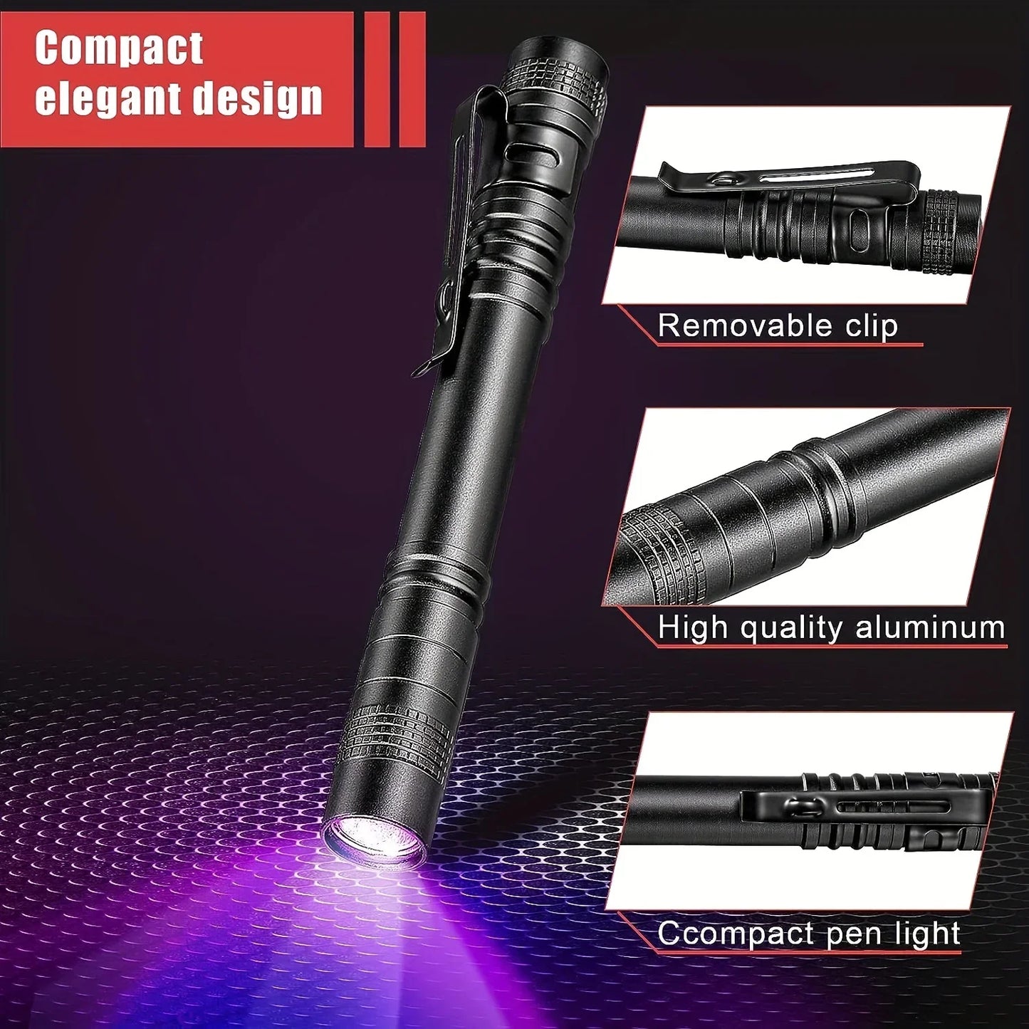 UV Flashlight 395nm Ultraviolet Torch With Pen Clip Portable AAA Batteries