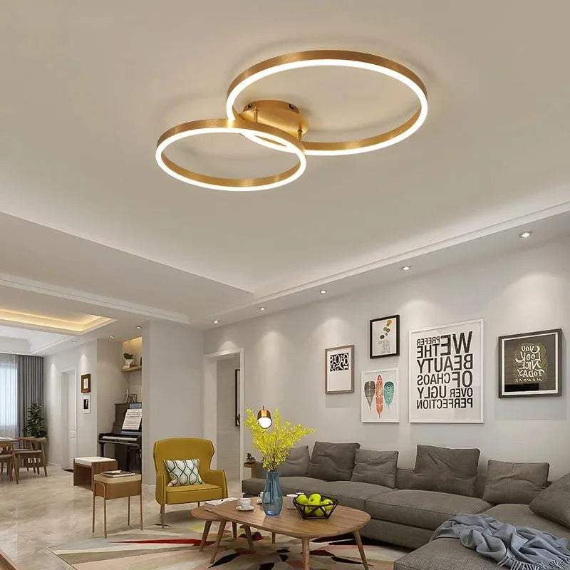 Household Gold Led Chandeliers 3 Circle Bedroom Metal Living Dining Room Lighting