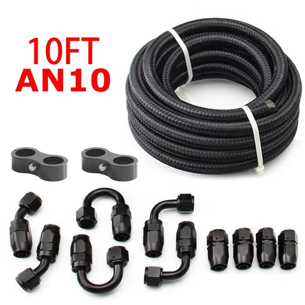 10FT AN6/AN8/AN10 Oil Fuel Fittings Hose End 0+45+90+180 Degree Oil Adaptor Kit Braided Oil Fuel Hose Line 3M Black With Clamps