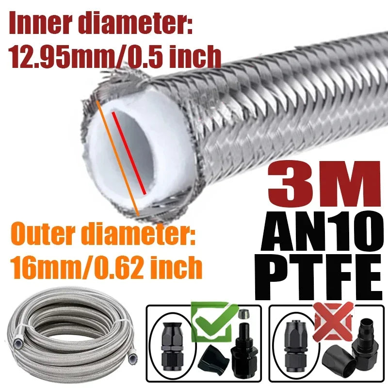 Engine Pipe Brake Tube 304 Stainless Steel Braided 1-6M(3.2-19.6FT) 3AN 4AN 6AN 8AN 10AN E85 PTFE Fuel Hose Oil Gas Cooler Line