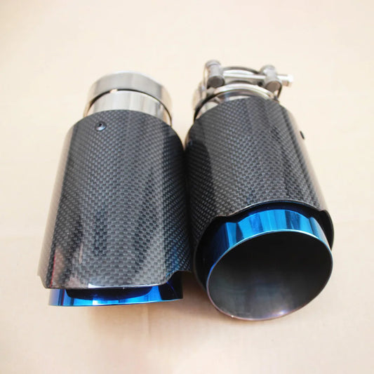 QT Glossy Carbon Fibre Exhaust Tip Universal Straight Stainless Blue