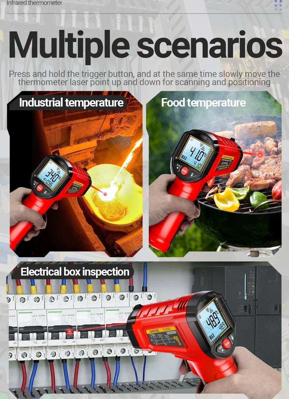 ANENG TH202 Infrared Thermometer Non-contact -50~600℃ Digital Laser Temperature Meter LCD display Pyrometer Point Gun Tester