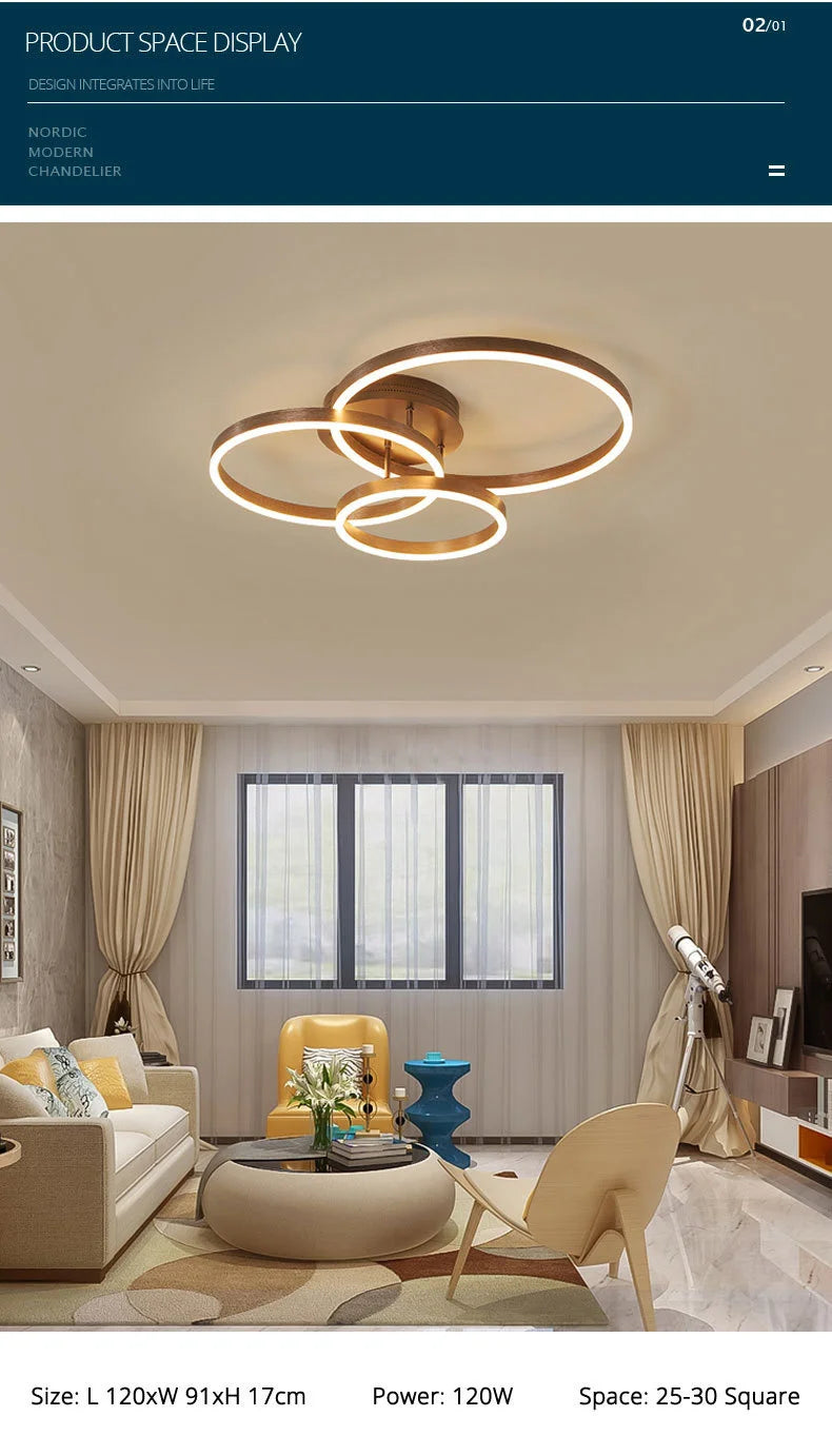 Household Gold Led Chandeliers 3 Circle Bedroom Metal Living Dining Room Lighting