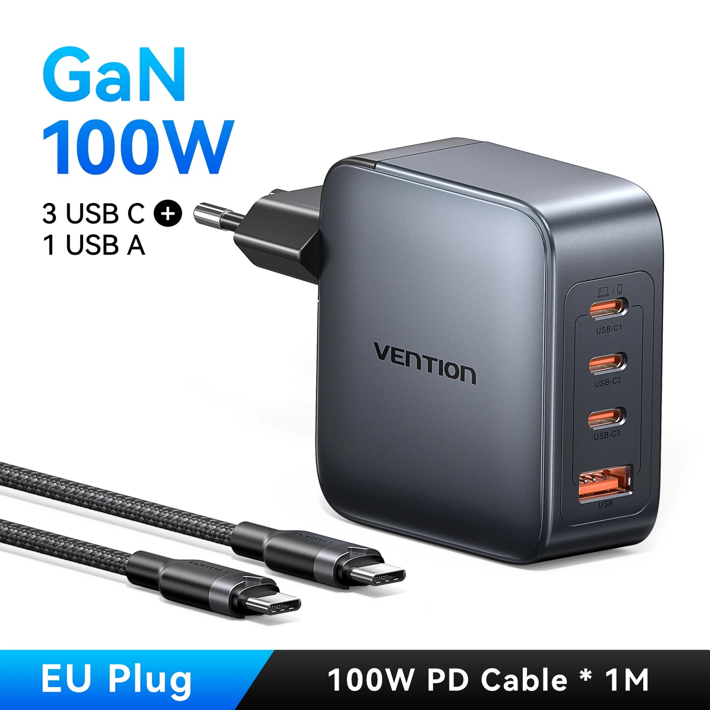 Vention 100W GaN Charger 4 Ports USB C Charger Quick Charge For Macbook Laptop Tablet PD Fast Charger For iPhone 16 15 14 Pro