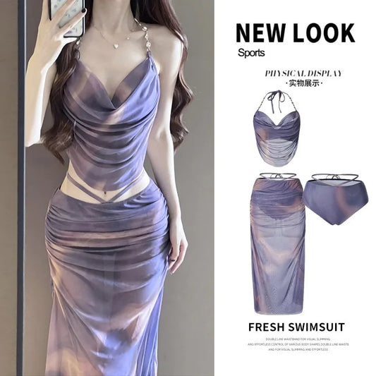 Bikini Swimsuit For Women Three-Piece Set With Long Skirt Sexy Swimwear