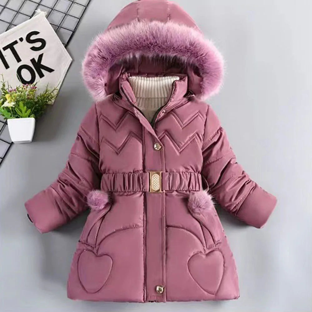2025 Newyear Clothes Girls Winter Coat Kids Snow Puffer Jacket Hooded Warm With Waist Belt and Pockets