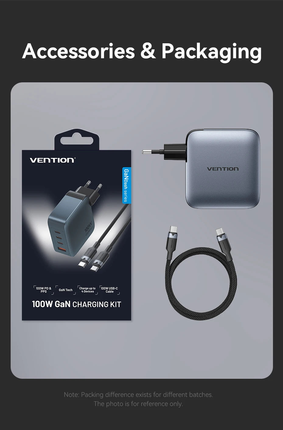 Vention 100W GaN Charger 4 Ports USB C Charger Quick Charge For Macbook Laptop Tablet PD Fast Charger For iPhone 16 15 14 Pro