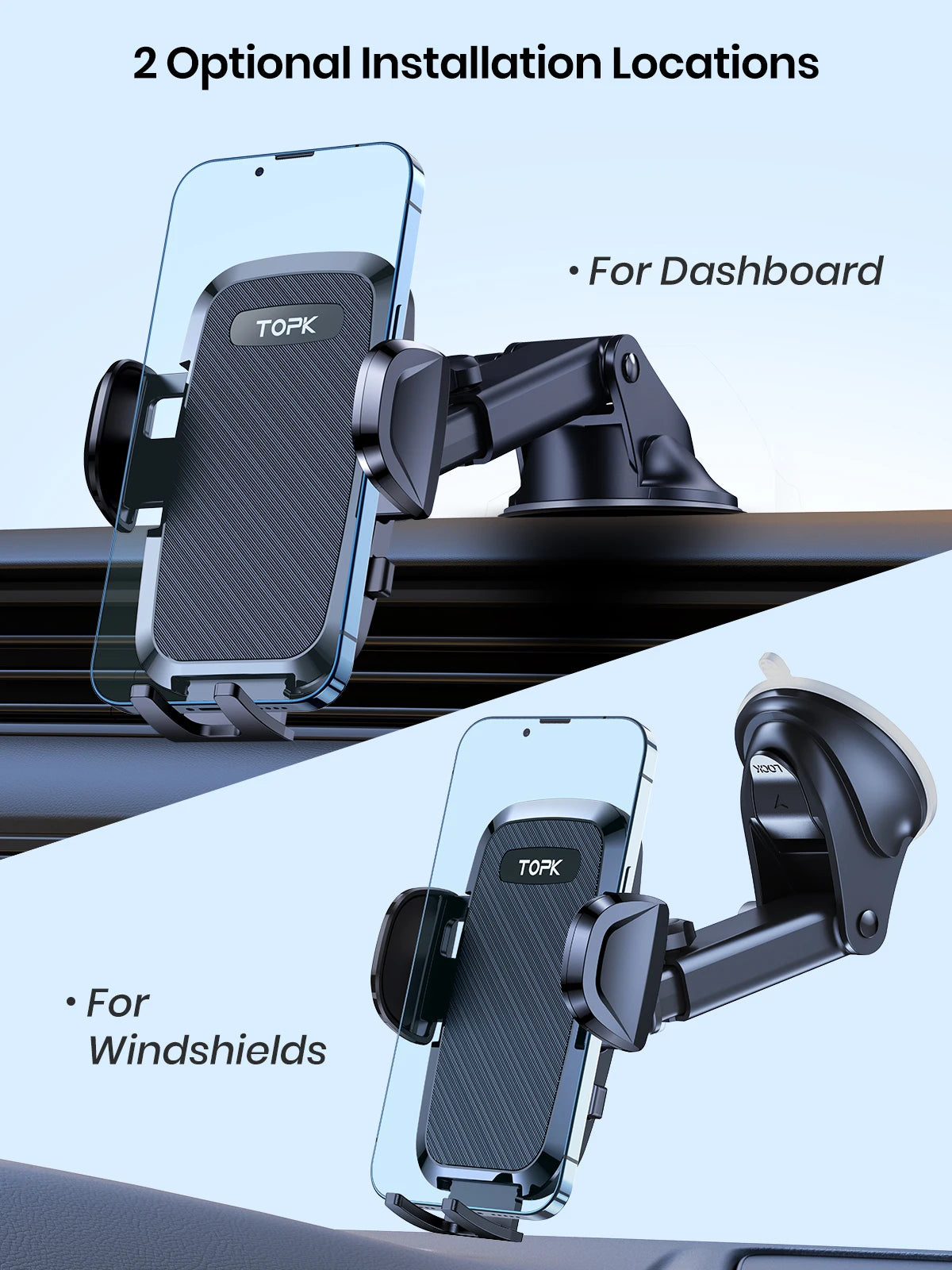 TOPK Car Phone Holder 4 in 1 Super Stable Car Phone Mount for Car Dashboard/Windscreen/Air Vent Compatible with All Mobile Phone