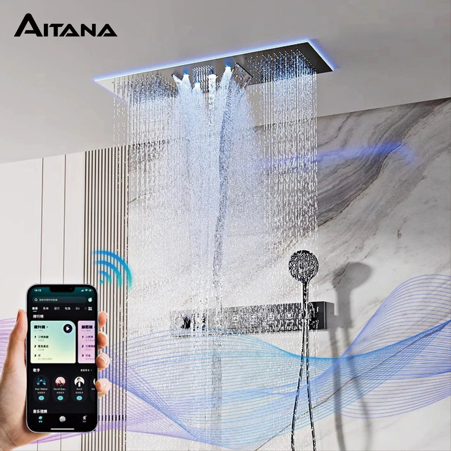 AITANA Luxury Brass Gunmetal LED Display Thermostatic Shower System Bathroom Ceiling embedded concealed giant curtain Rainfall
