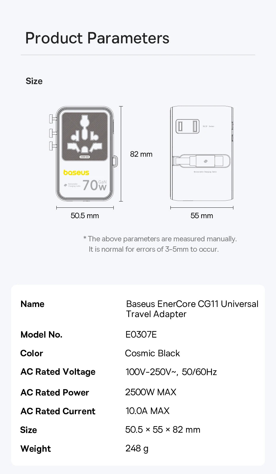 Baseus GaN Charger Universal Travel Adapter Built in 70W Retractable Cable 2AC 2 USB-A Type-C Fast Charging EU/UK/USA/AUS