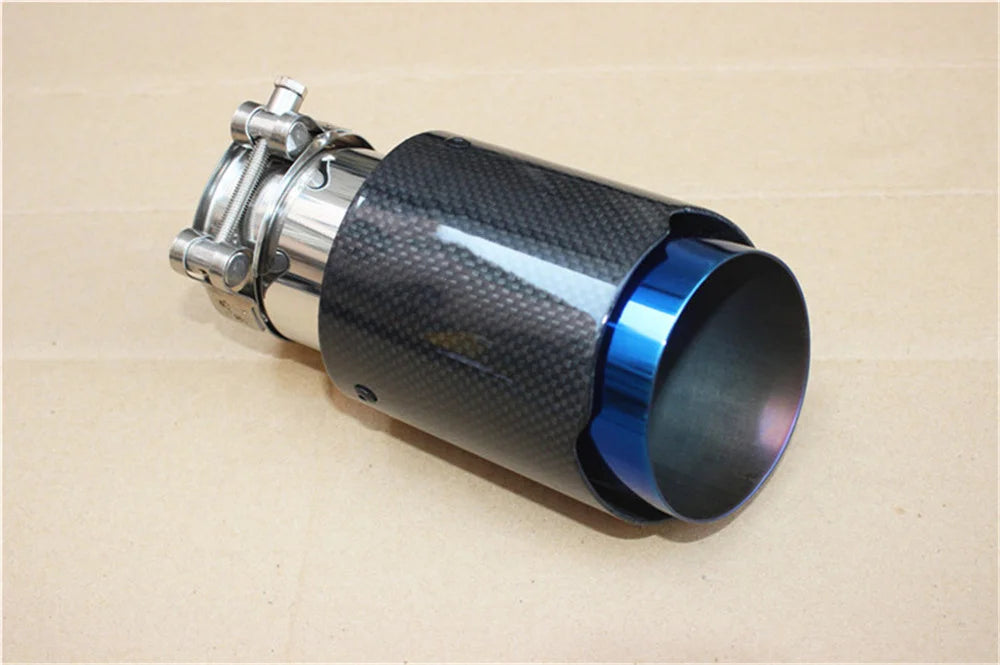 QT Glossy Carbon Fibre Exhaust Tip Universal Straight Stainless Blue