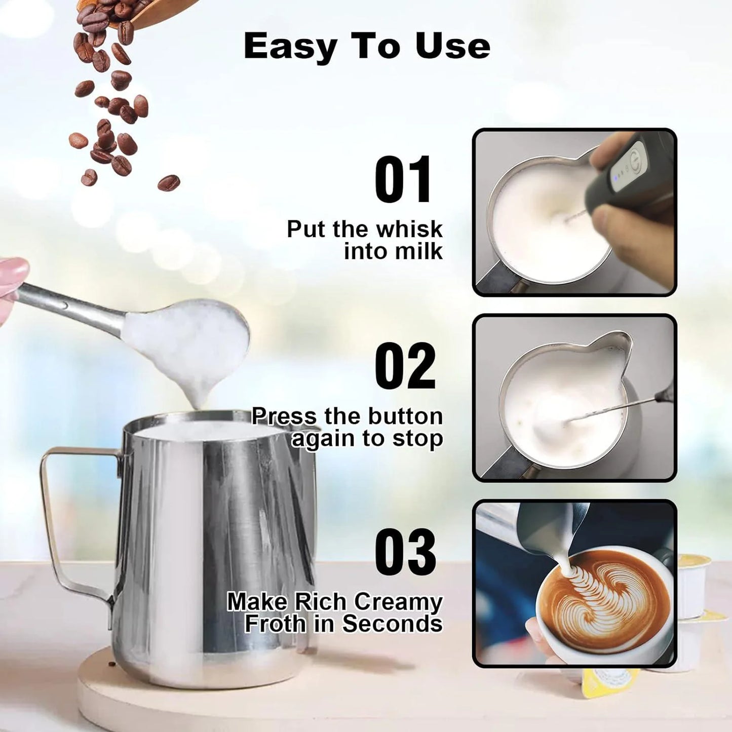 MINI Milk Frother USB Rechargeable 3 Speeds Foam Maker Coffee Whisk Mixer