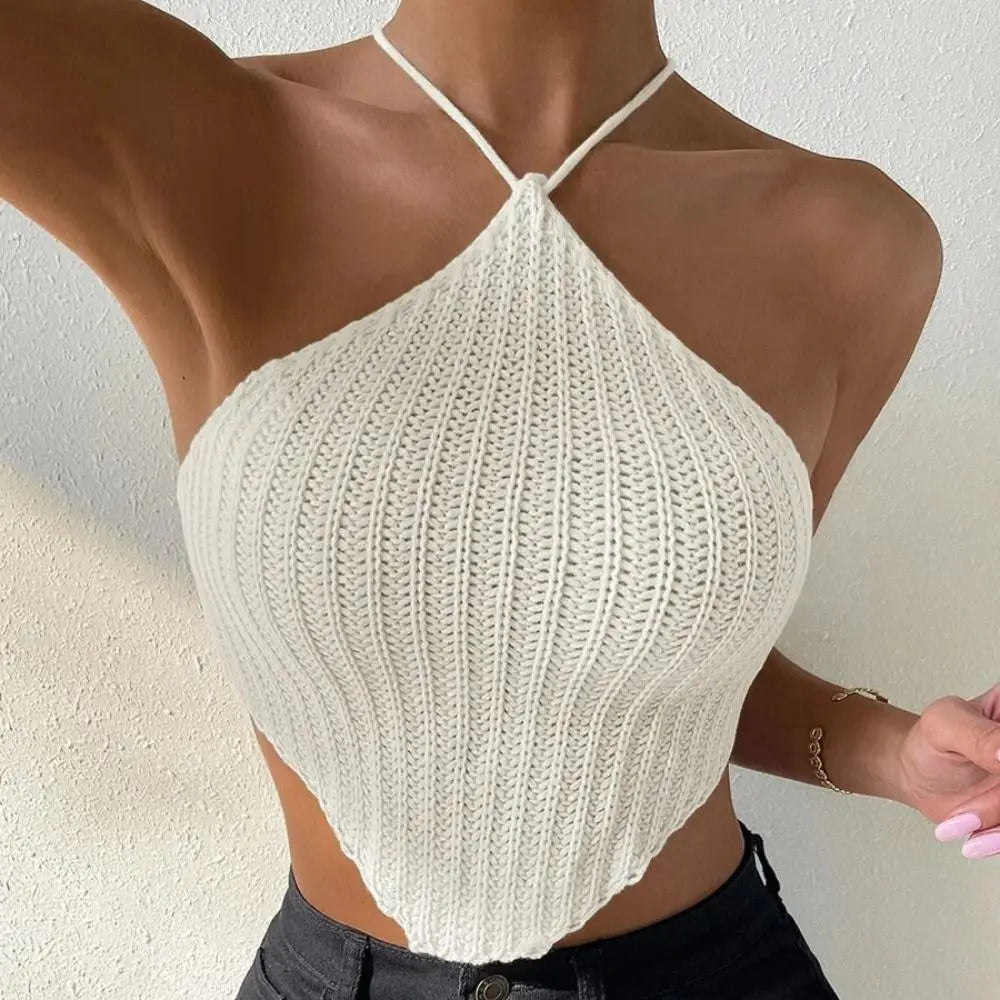 Backless Tank Top Summer Sleeveless Striped Vest Top Asymmetrical Color Lump Halter Crop Top Women