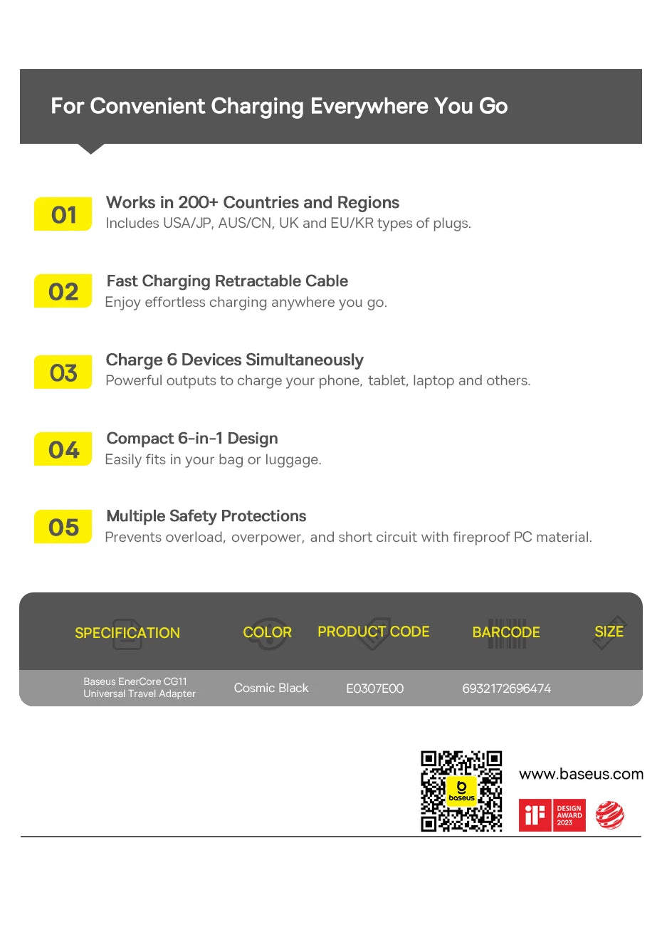 Baseus GaN Charger Universal Travel Adapter Built in 70W Retractable Cable 2AC 2 USB-A Type-C Fast Charging EU/UK/USA/AUS