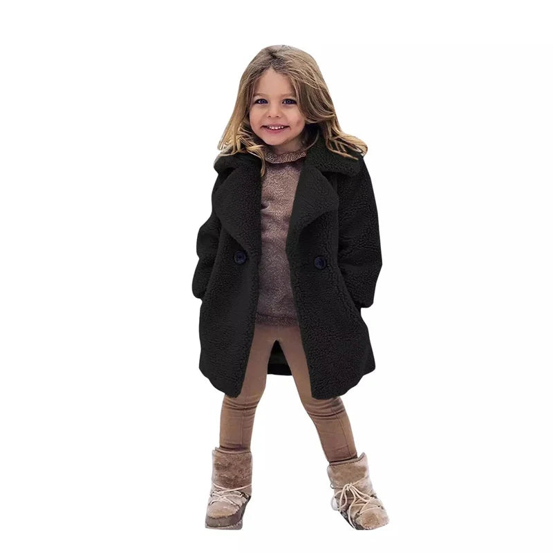 Girls Winter Warm Jackets Faux Fur Coats Kids Turndown Collar Outerwear Children Solid Colour Overcoat Casual Outer Clothing