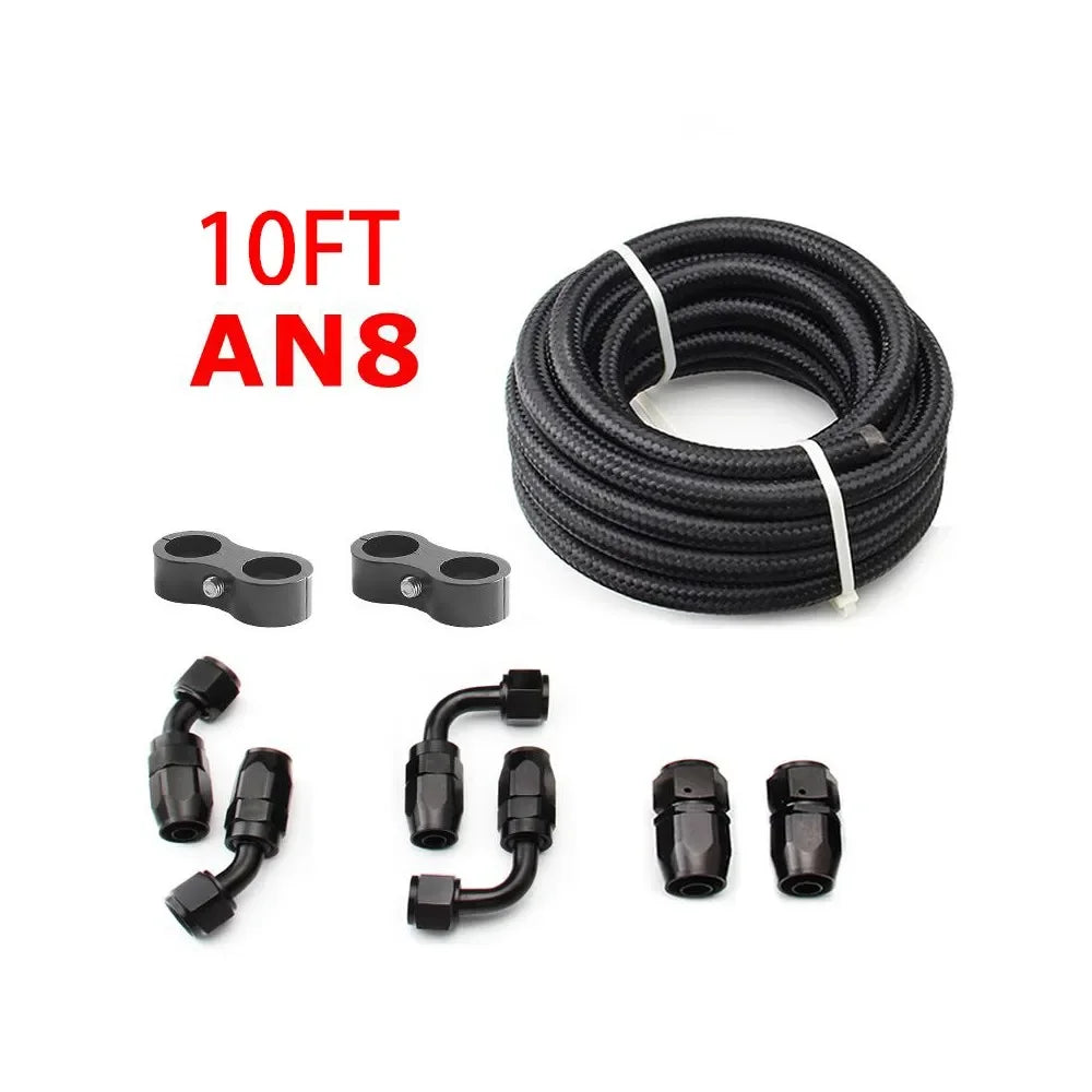 10FT AN6/AN8/AN10 Oil Fuel Fittings Hose End 0+45+90+180 Degree Oil Adaptor Kit Braided Oil Fuel Hose Line 3M Black With Clamps