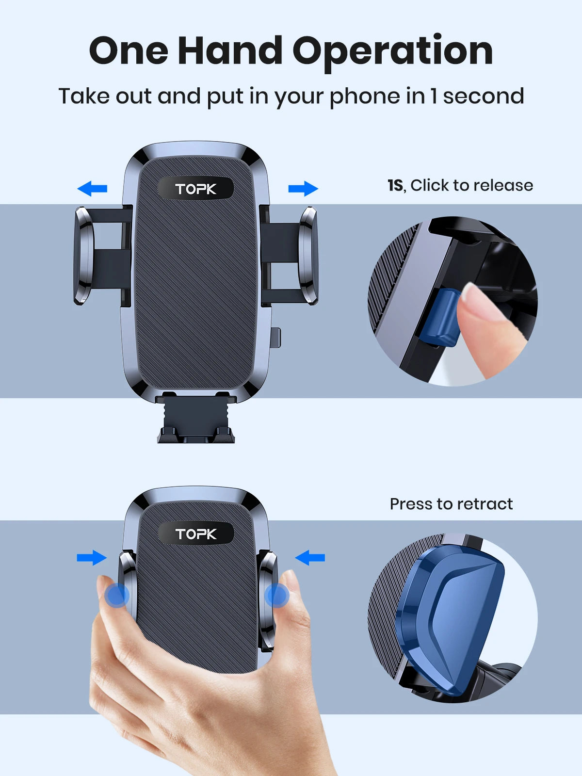 TOPK Car Phone Holder 4 in 1 Super Stable Car Phone Mount for Car Dashboard/Windscreen/Air Vent Compatible with All Mobile Phone