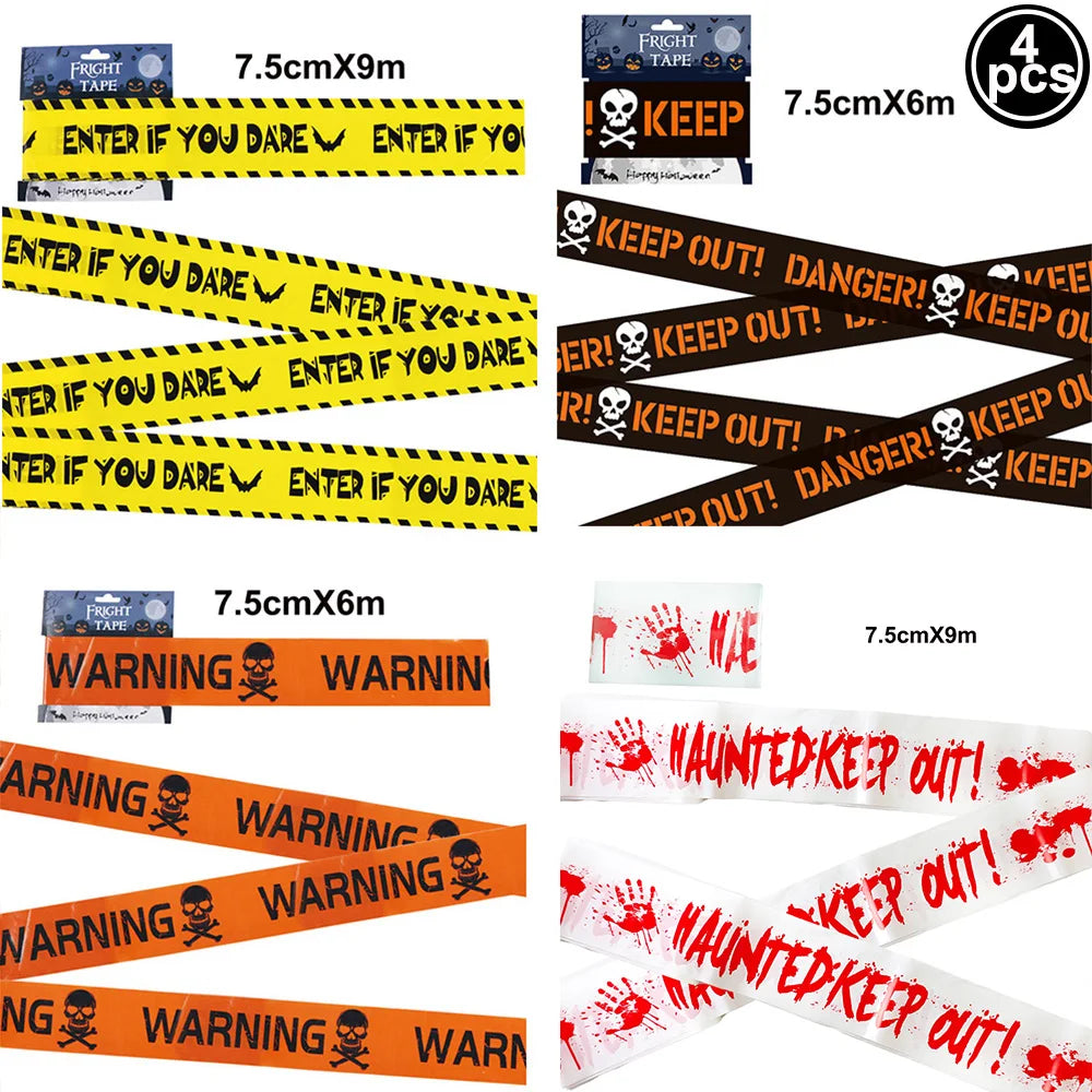 Halloween Warning Tape Wall Door Window Blood Handprint Footprint Stickers Halloween Theme Party Horror Scene Decor Supplies