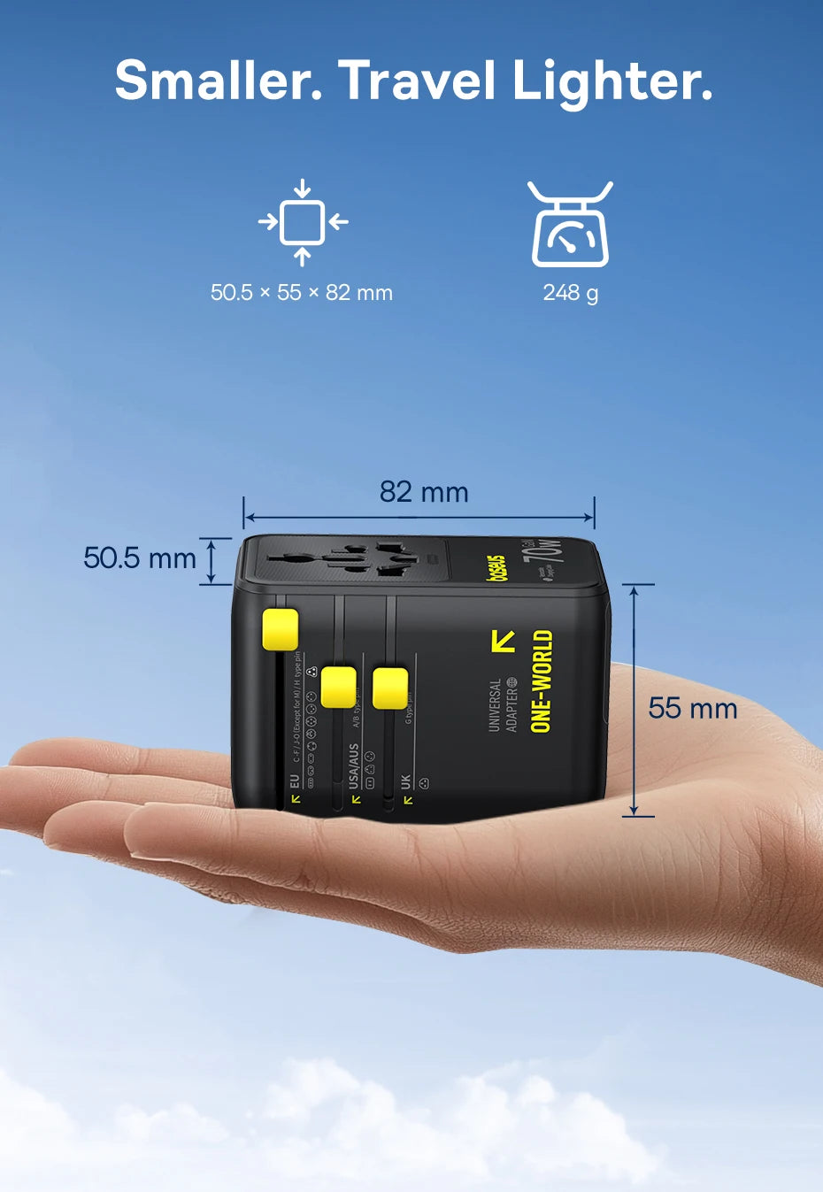 Baseus GaN Charger Universal Travel Adapter Built in 70W Retractable Cable 2AC 2 USB-A Type-C Fast Charging EU/UK/USA/AUS