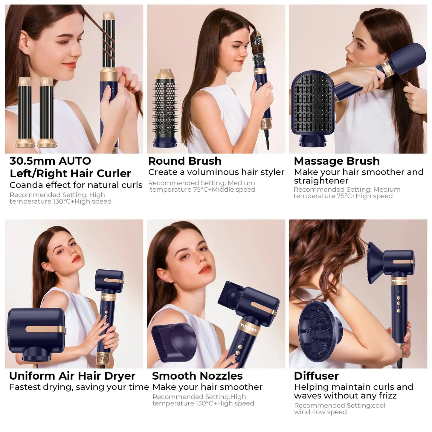 7 In 1 Hair Dryer Brush Brushless High Speed Hair Dryer with Diffuser Ionic Blow Dryer Hot Air Styling Comb Auto Hair Curler