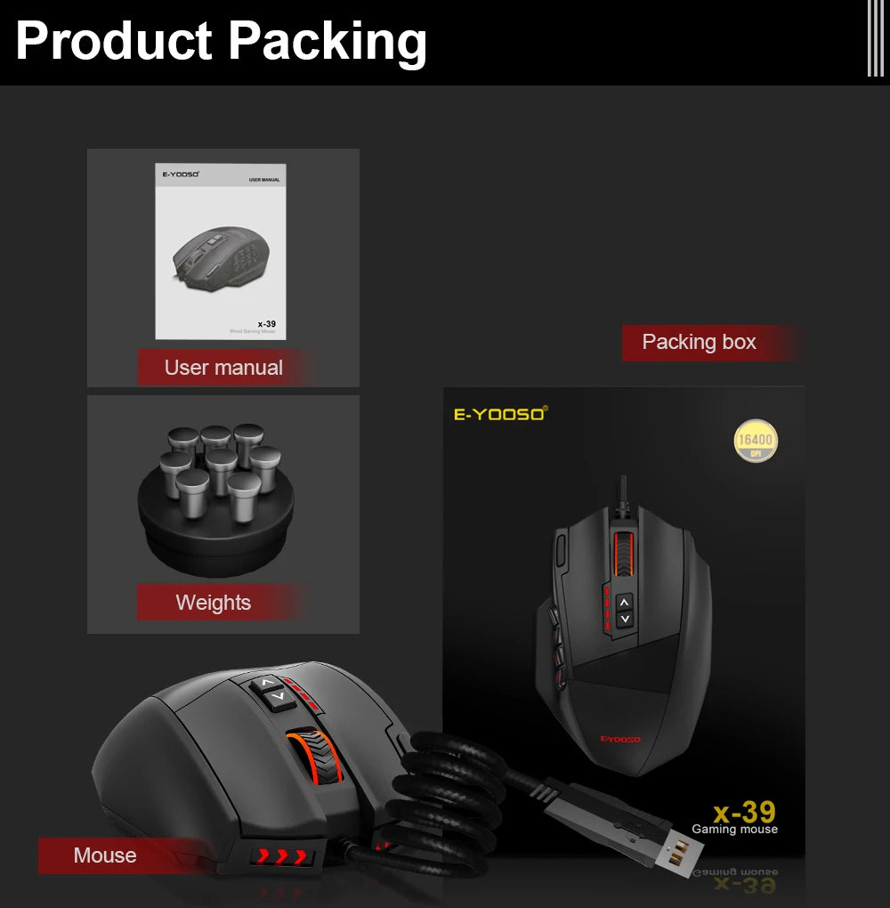 Mouse E-YOOSO X-39 USB Wired RGB Gaming Mouse 16400 DPI PAW3327 19 Buttons Programmable Game Optical Mice for Computer PC Laptop