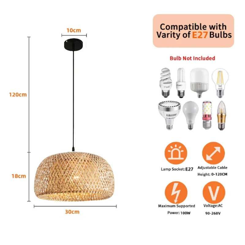 Bamboo Lantern 30cm Pendant Lamp Natural Rattan Wicker E27 LED Chandeliers
