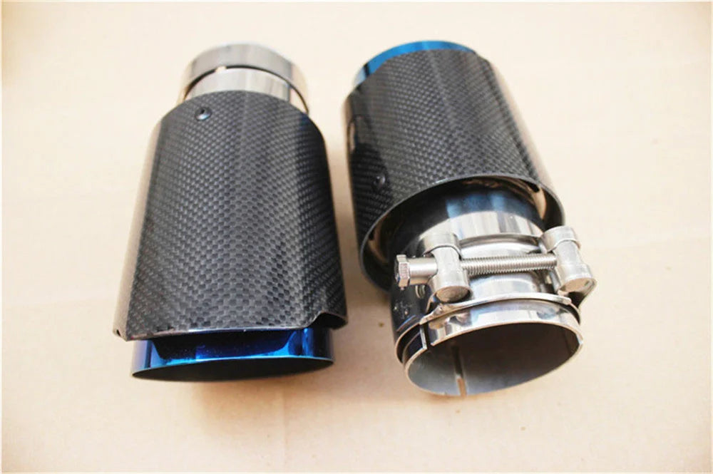 QT Glossy Carbon Fibre Exhaust Tip Universal Straight Stainless Blue