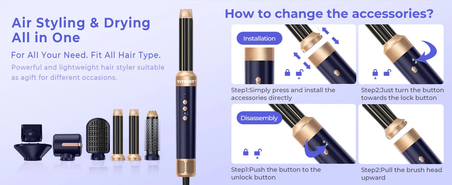 7 In 1 Hair Dryer Brush Brushless High Speed Hair Dryer with Diffuser Ionic Blow Dryer Hot Air Styling Comb Auto Hair Curler