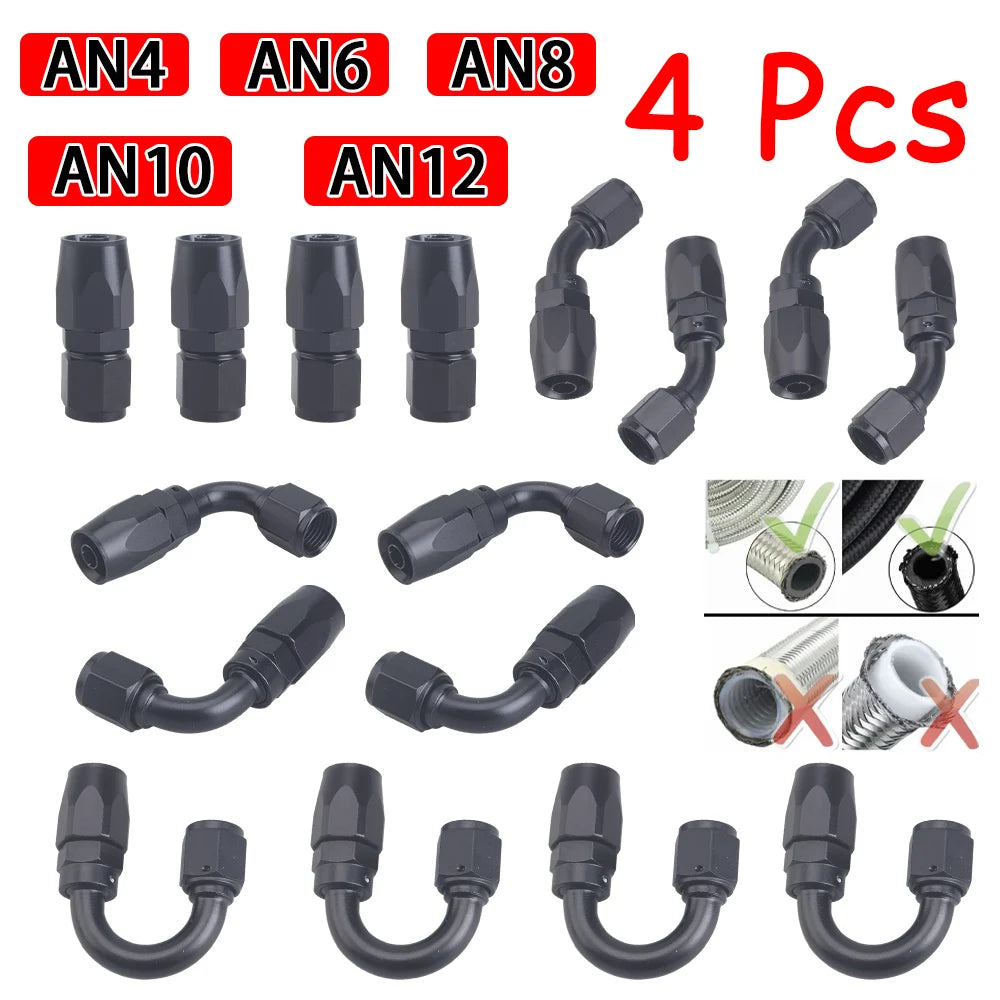 4Pcs Universal AN4 AN6 AN8 AN10 AN12 Straight 45° 90° 120° 180° Degree Oil Fuel Swivel Hose End Fitting Oil Hose End Adaptor Kit