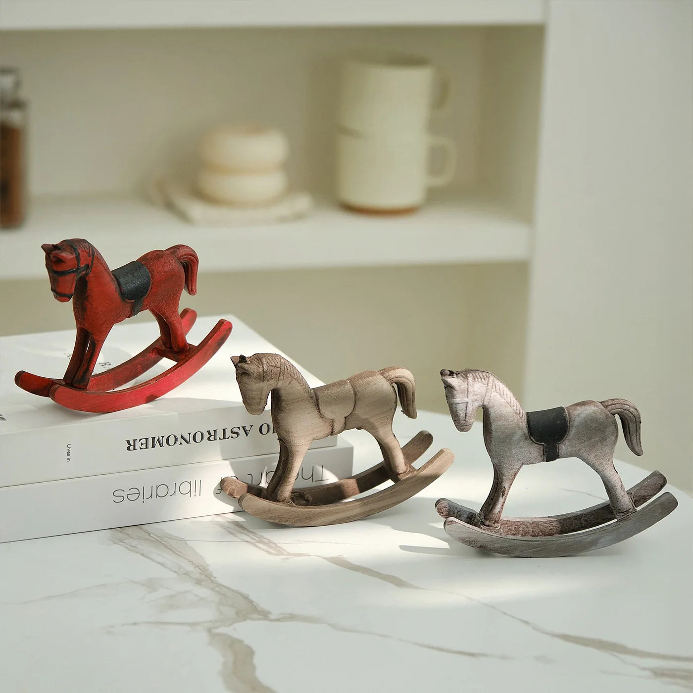 Nordic Retro Wooden Rocking Horse Ornament Desk Decor Balance Art Adornment Creative Hand Carved Animal Figurines Xmas Kids Gift