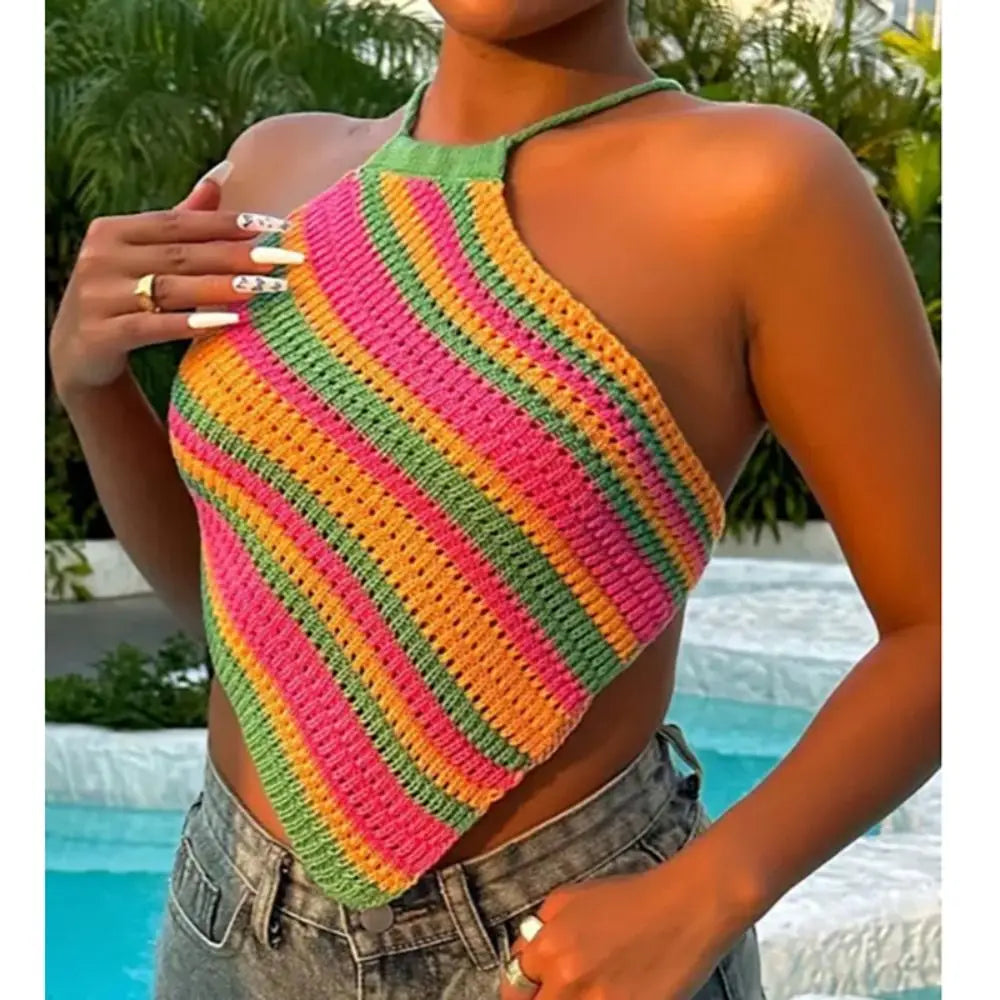 Backless Tank Top Summer Sleeveless Striped Vest Top Asymmetrical Color Lump Halter Crop Top Women