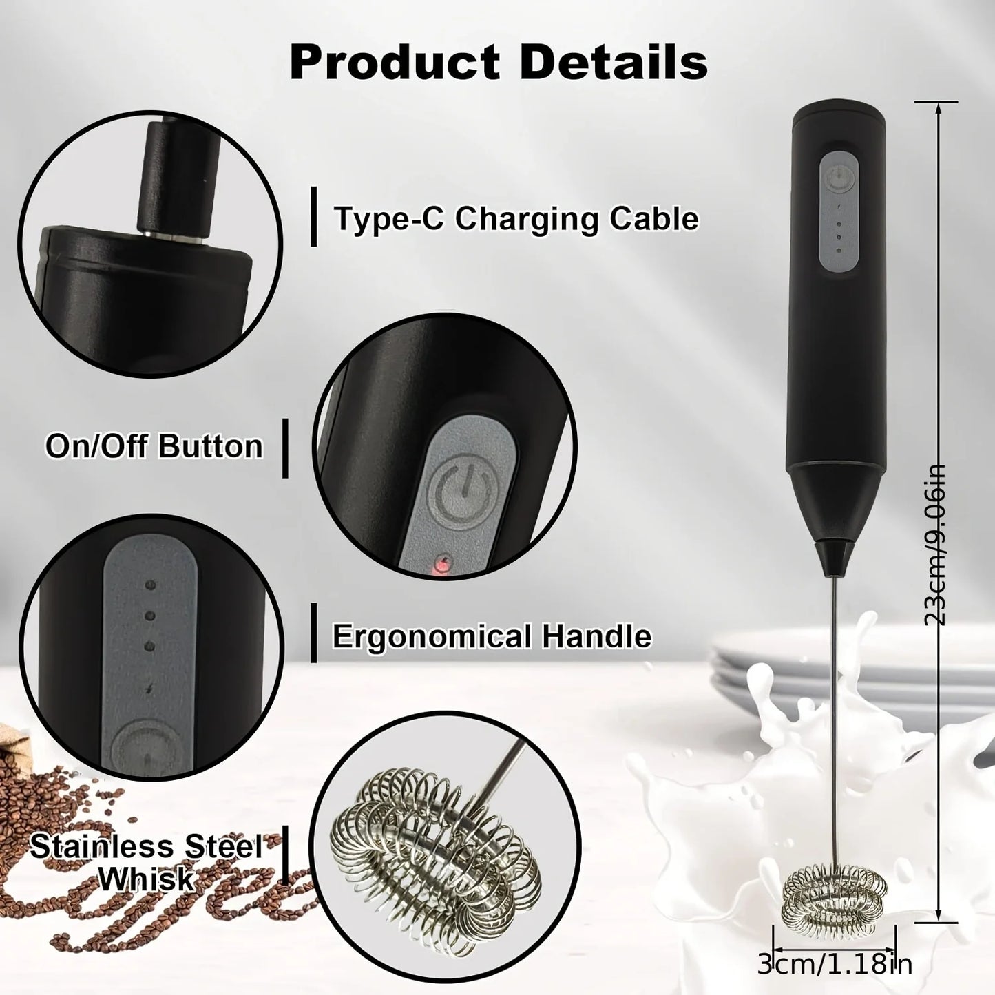 MINI Milk Frother USB Rechargeable 3 Speeds Foam Maker Coffee Whisk Mixer