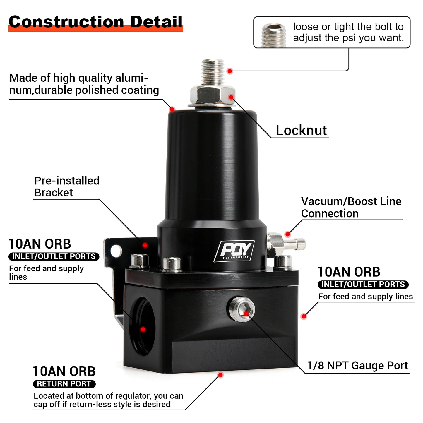 Fuel Pressure Regulator 30-140PSI Adjustable Pressure Range 10AN Feed Ports & 10AN Return Port With 0-160PSI Gauge Set
