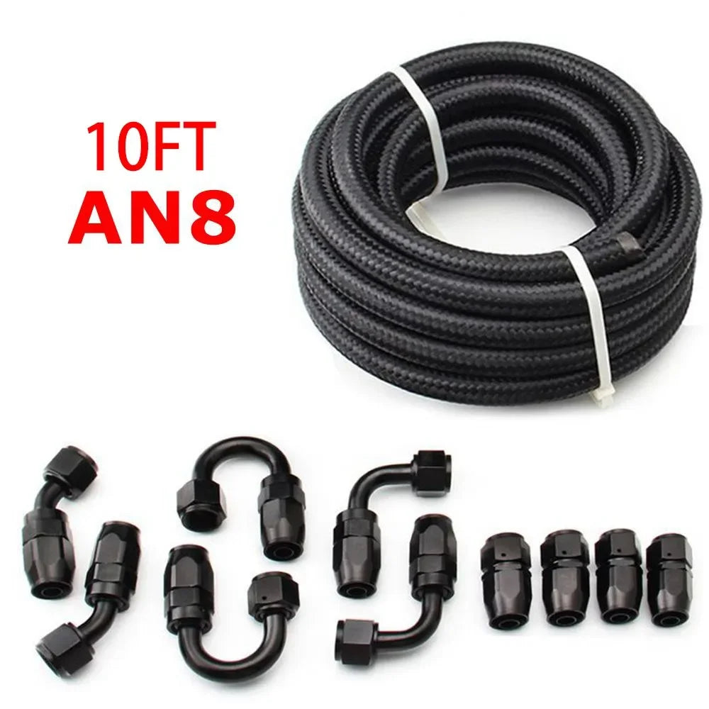 10FT AN6/AN8/AN10 Oil Fuel Fittings Hose End 0+45+90+180 Degree Oil Adaptor Kit Braided Oil Fuel Hose Line 3M Black With Clamps