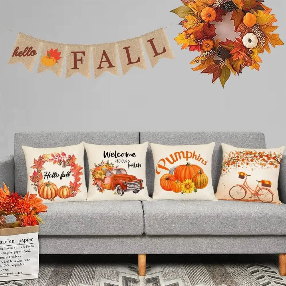 18*18inch Thanksgiving Decorative Cushion Cover ,Linen Pumkin Maple Leaf Autumn Pillow Covers ,Cushion Covers for Sofa Chair