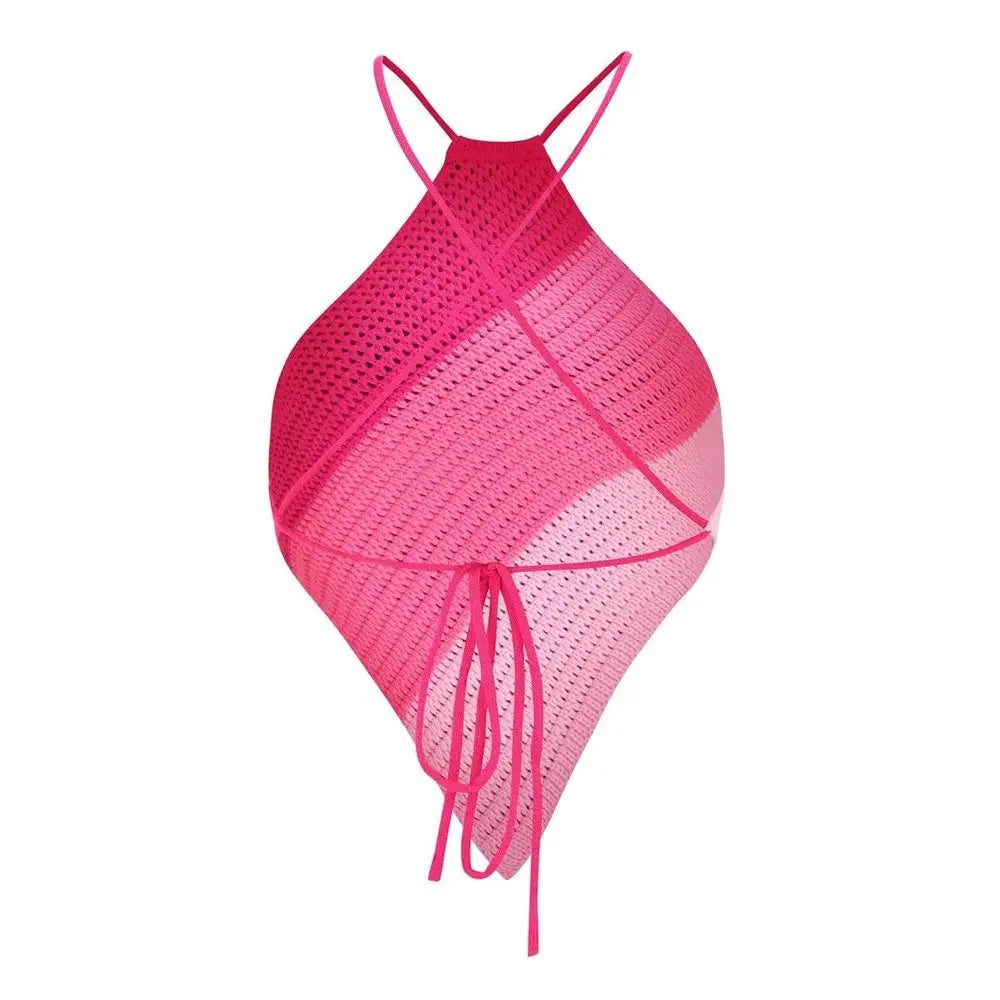 Backless Tank Top Summer Sleeveless Striped Vest Top Asymmetrical Color Lump Halter Crop Top Women