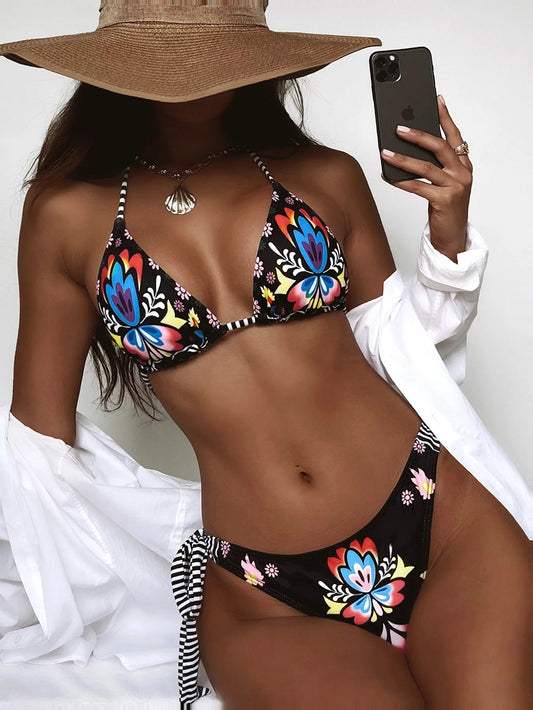 Bikinis 2025 Woman Floral Print Triangle Swimwear Womens Two-piece