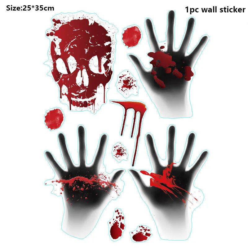 Halloween Warning Tape Wall Door Window Blood Handprint Footprint Stickers Halloween Theme Party Horror Scene Decor Supplies