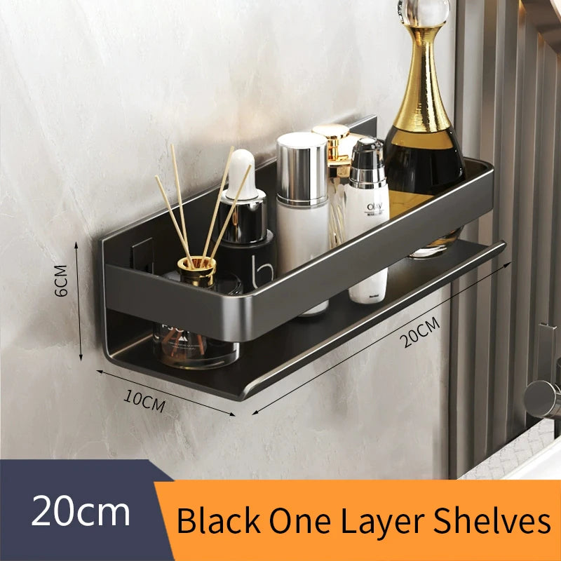 Black Bathroom Shelf White Rectangle Makeup Organizer Mental Corner Shelf Shampoo Storage Shelf Shower Wall Rack